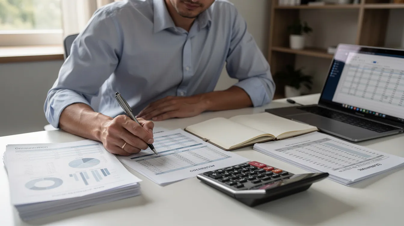 A person is seated at a desk, intently reviewing financial documents while using a calculator, likely assessing their financial situation related to loans and repayments. The scene suggests a focus on managing debts and evaluating options such as "結餘 轉 戶" and "清 數" strategies for improving their financial health.