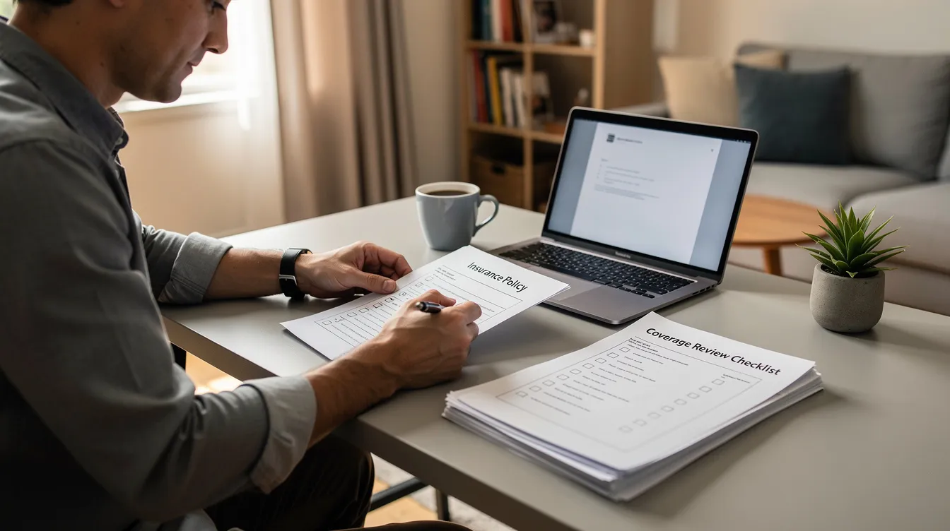 fe9d7ae0 2b18 4488 9be6 e71c2cb99457 A person is seated at a home desk, reviewing insurance documents alongside a checklist, indicating thorough preparation for financial assistance related to business loans. This scene reflects the importance of a satisfactory credit track record and the necessary skills for entrepreneurs seeking to apply for mudra loans to support their micro enterprises.