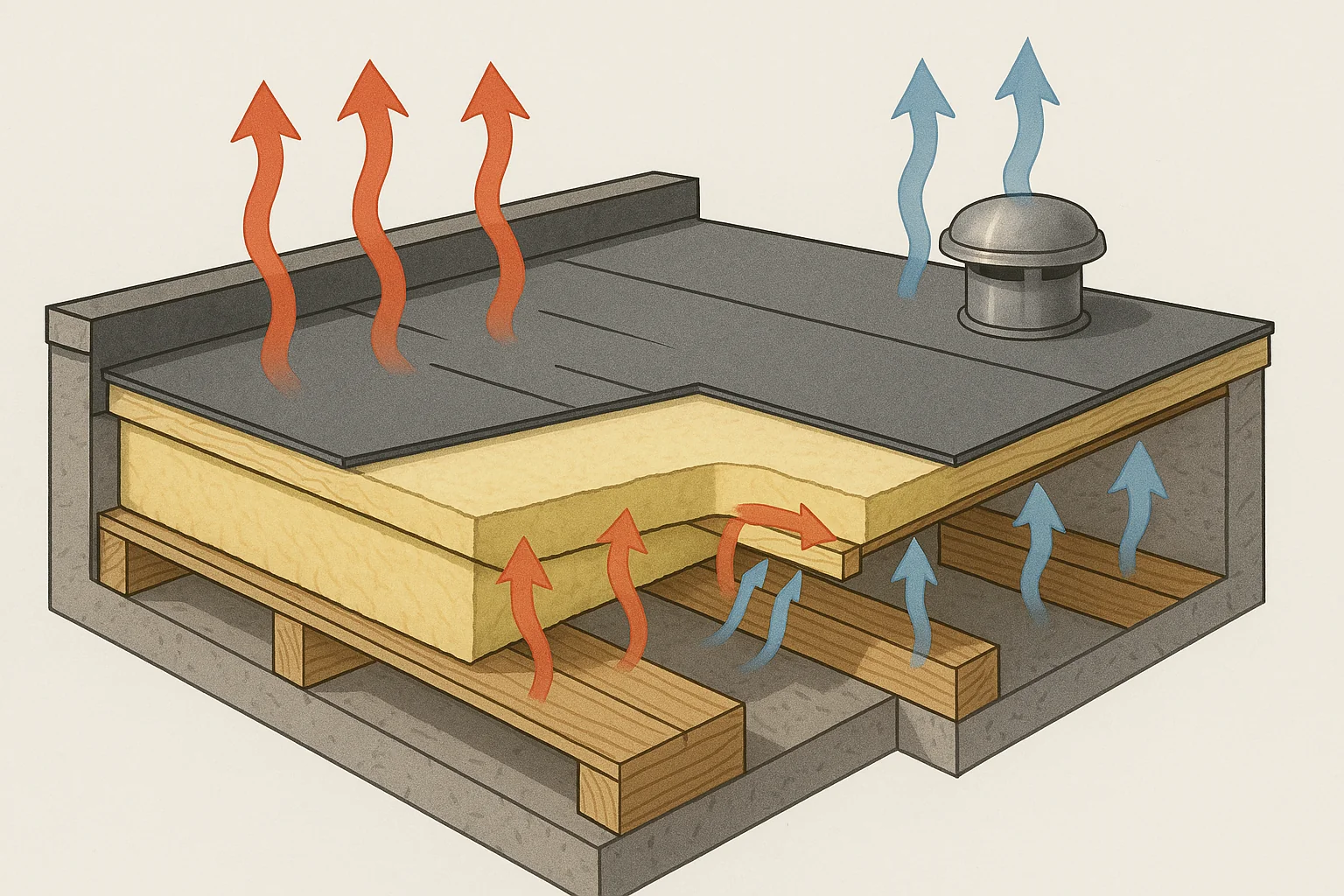 Diagram-style view of a flat roof showing insulation layers and airflow for proper ventilation and energy efficiency.