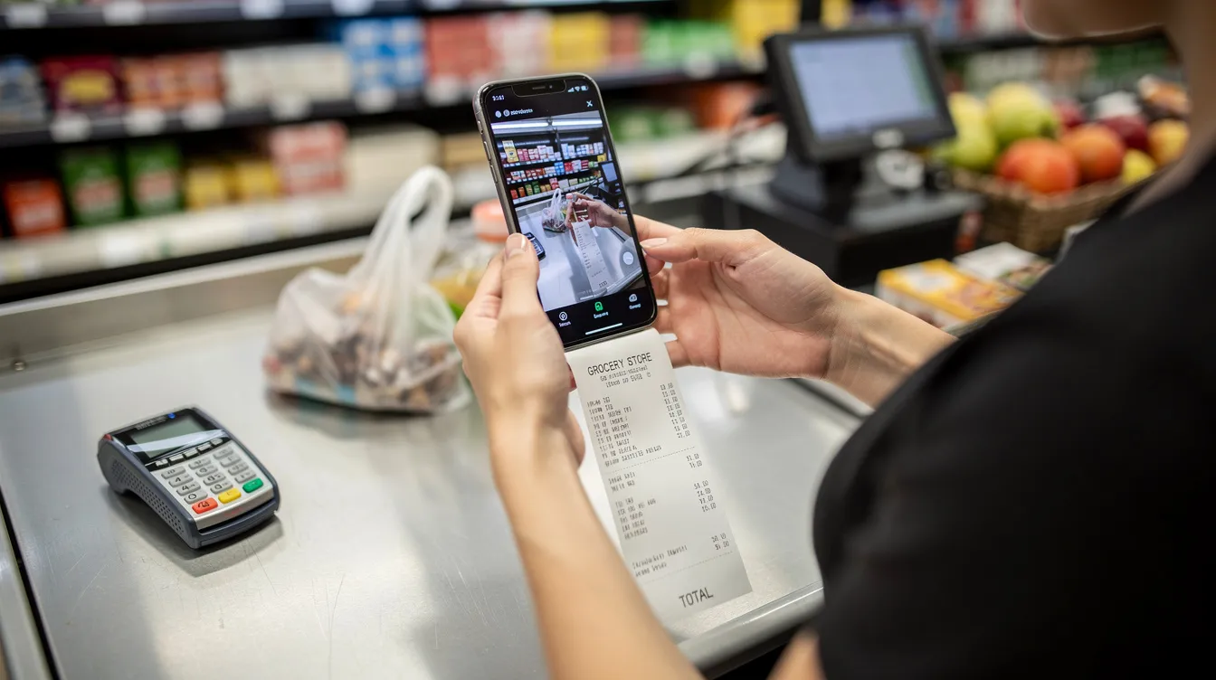 A person is holding a smartphone and photographing a paper receipt at a grocery store checkout, capturing spending data to help manage their budget and track expenses effectively. This action reflects a commitment to better money habits and informed financial decisions.
