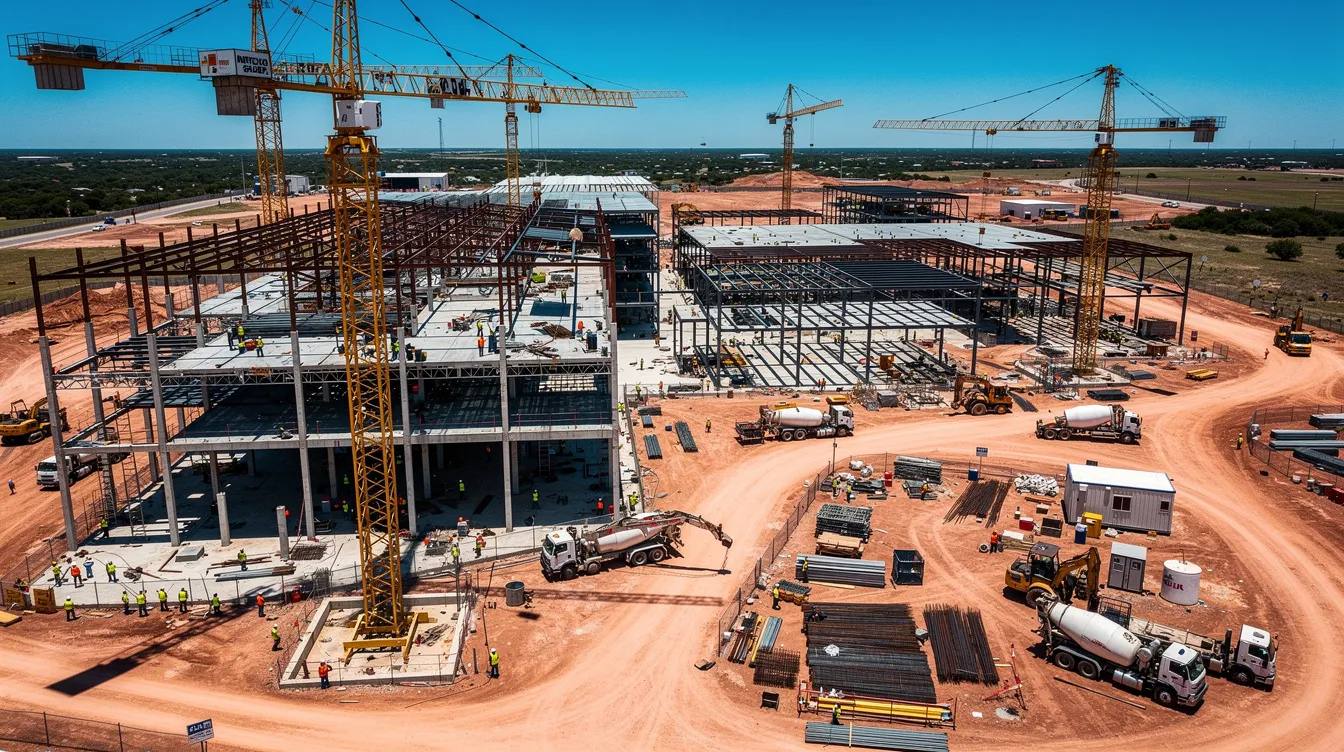 Overhead view of a large commercial construction site with cranes, steel framing, and crews at work.