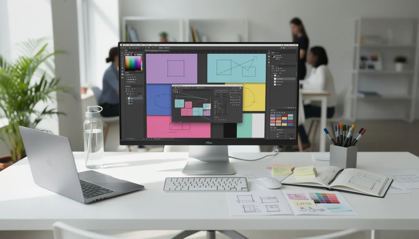 The image depicts a modern office workspace featuring a computer displaying design software alongside various creative materials. This setup is ideal for content creation and reflects a content marketing strategy aimed at attracting customers and enhancing online visibility through high-quality content.