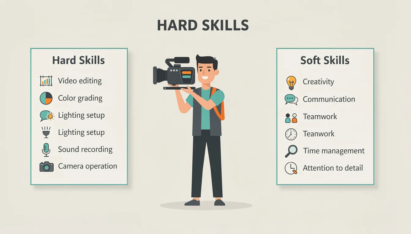 An informative graphic showcases the essential hard and soft skills for a videographer resume, highlighting technical proficiency in video editing software like Adobe Premiere Pro and creative abilities for visual storytelling. It emphasizes the importance of skills such as project management and client engagement, relevant for creating high-quality video content across various platforms.