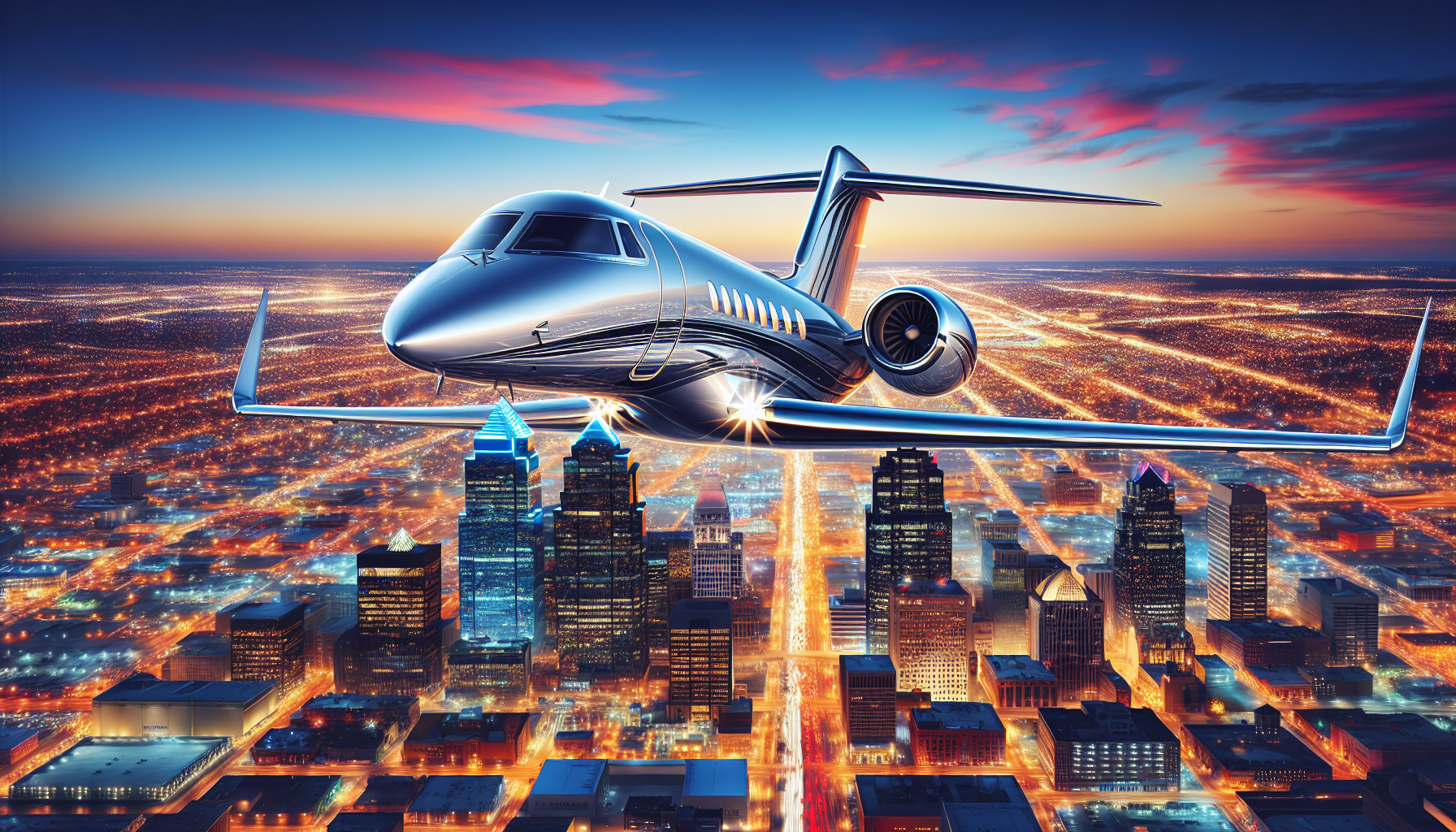 A luxury private jet flying over downtown Kansas City