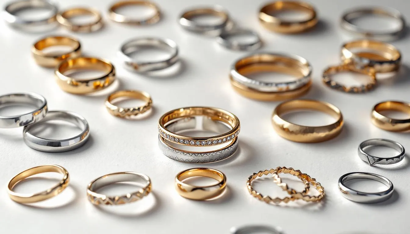 The image showcases a variety of silver stacking rings and gold stacking rings, highlighting their classic styles and the ability to mix and match different metals. Each ring is designed to be layered on the finger, allowing for a bold expression of individuality and style through unique combinations.