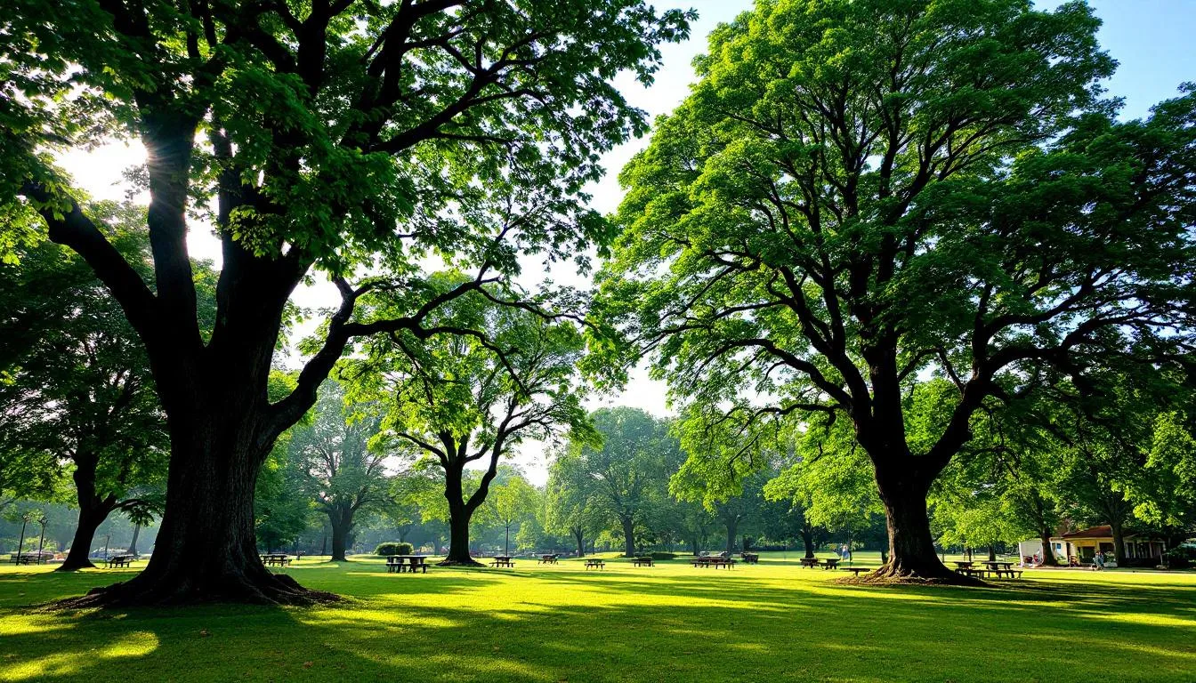In a scenic park with big trees and open space perfect for a picnic, you can see company picnic attendees enjoying fresh air, tasty catering, and various attractions like an obstacle course and bouncy castles for kids. A great chance to bring the team together and build lasting bonds in a relaxed setting.
