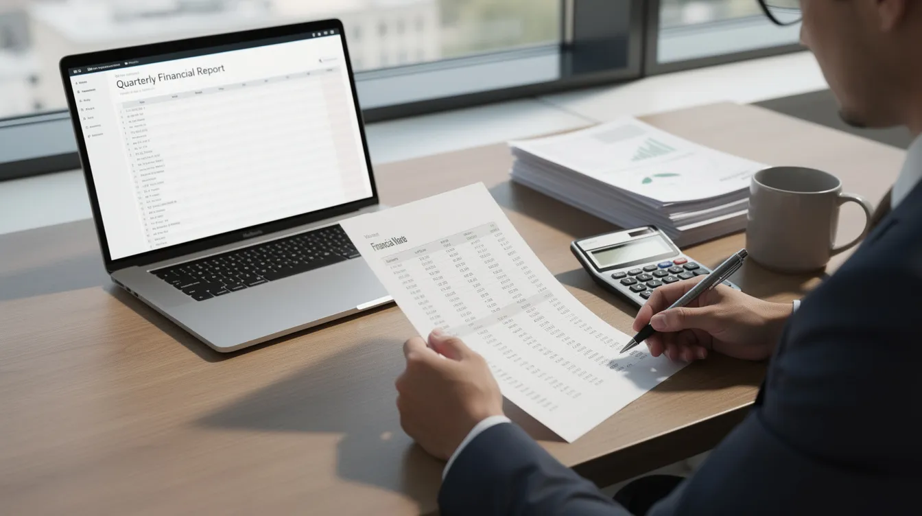 A person is seated at a desk, intently reviewing financial documents with a laptop and a calculator beside them. The scene suggests a focus on real estate investing, possibly analyzing the debt to income ratio and preparing for a home equity line of credit on an investment property.