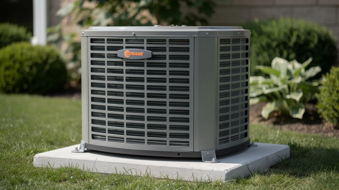 This image features a close-up view of a modern Trane heat pump outdoor unit, positioned on a concrete pad, with lush green landscaping in the background. The unit represents advanced heat pump technology, designed for efficient heating and cooling, contributing to energy savings and improved seasonal energy efficiency ratio.