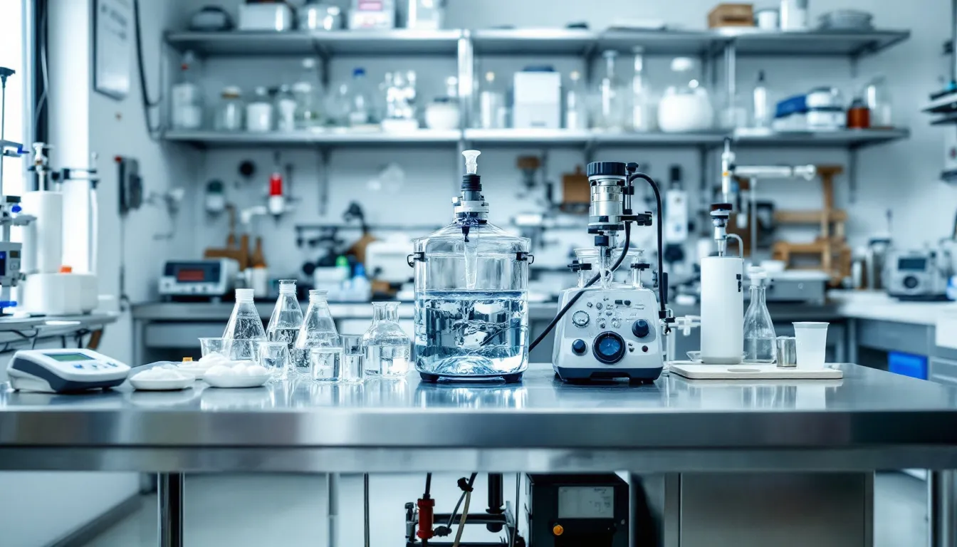 In einem Labor stehen verschiedene wissenschaftliche Geräte zur Herstellung von kolloidalem Silberwasser. Auf einem Tisch sind Braunglasflaschen mit Silberpartikeln und Lösungen sichtbar, die für die Herstellung von Silberkolloiden in Apothekenqualität verwendet werden.