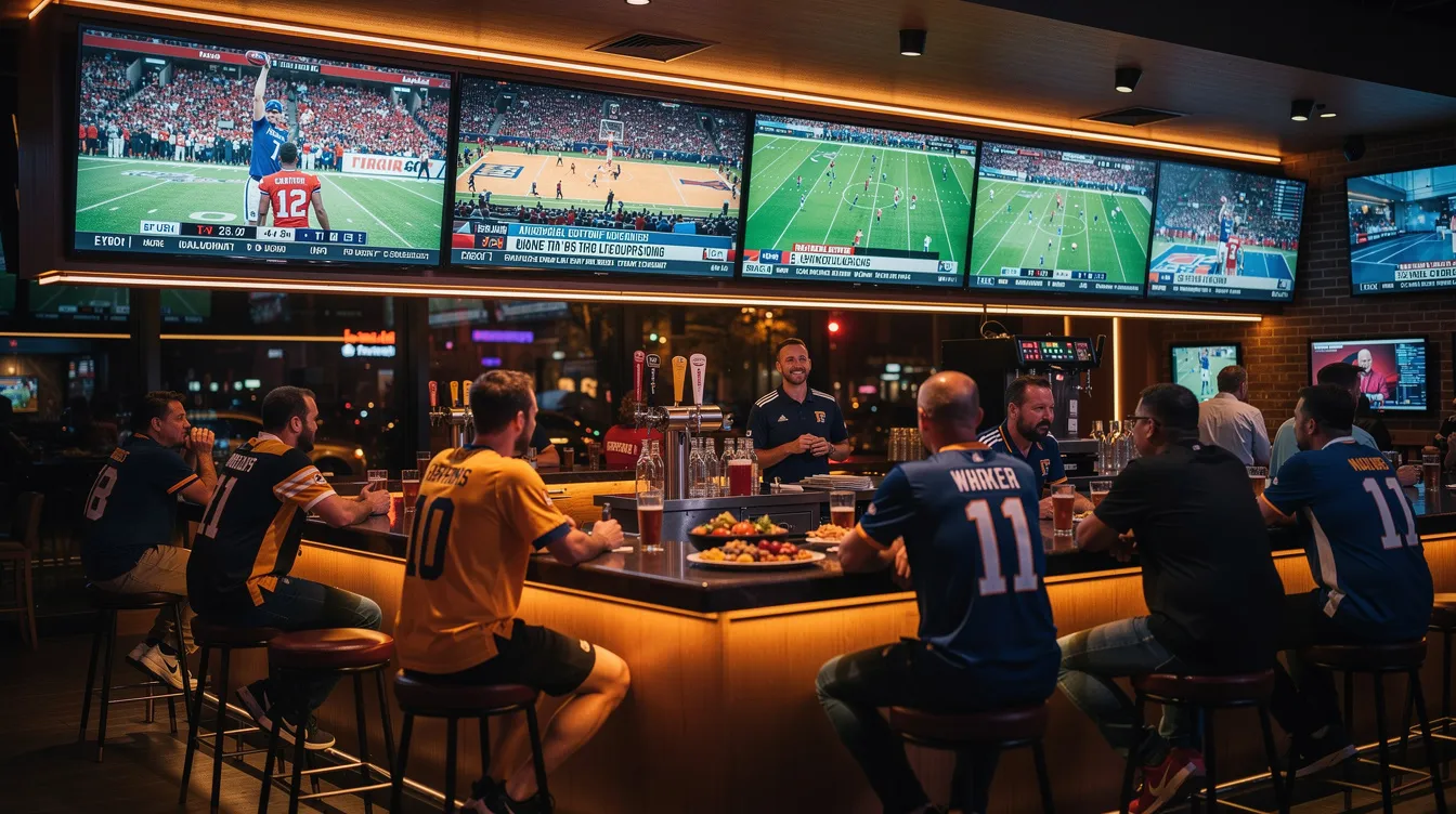 The image features multiple flat-screen TVs mounted in a lively sports bar, each displaying different channels showcasing various sports events. This setup highlights the bar's commitment to providing an engaging viewing experience for customers, with potential for DSTV installation services to enhance the entertainment options available.