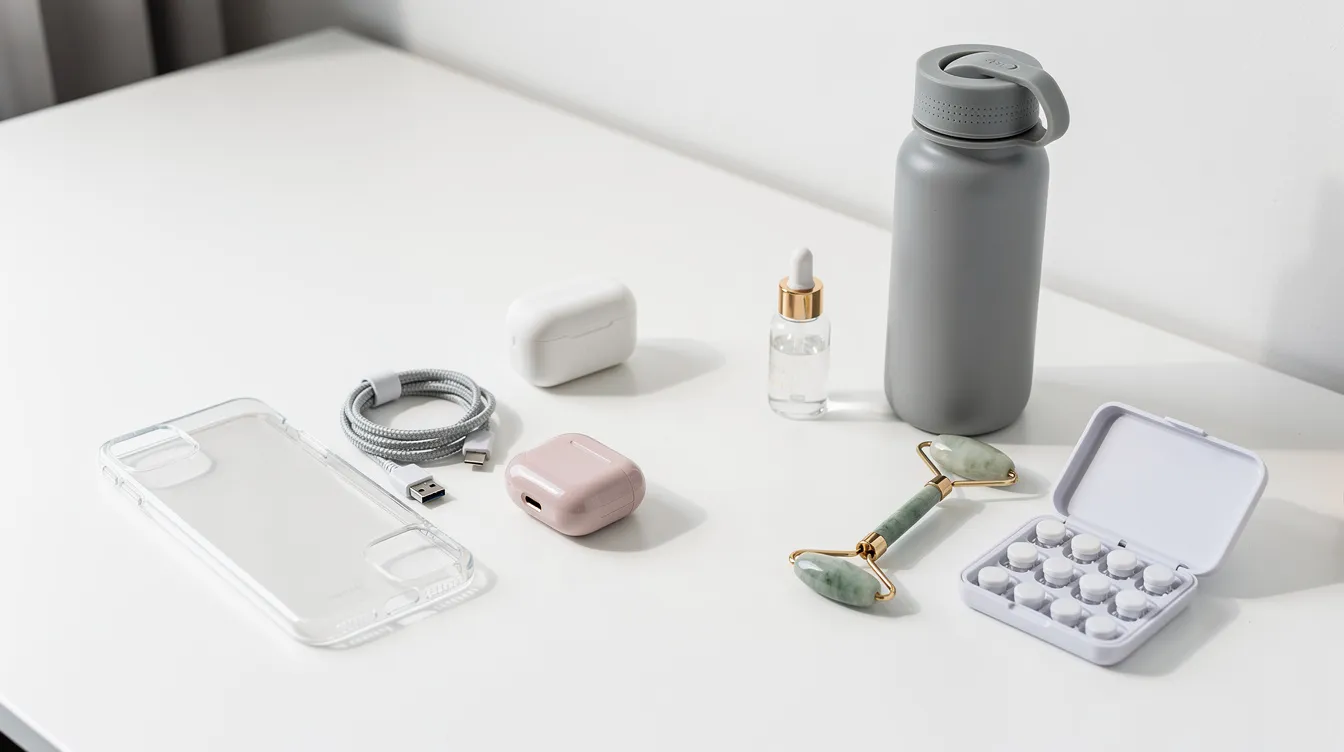 The image showcases a minimalist desk featuring various lightweight products, including phone accessories and wellness items, ideal for an online business focused on dropshipping. The arrangement highlights the high perceived value and market demand for trending dropshipping products.