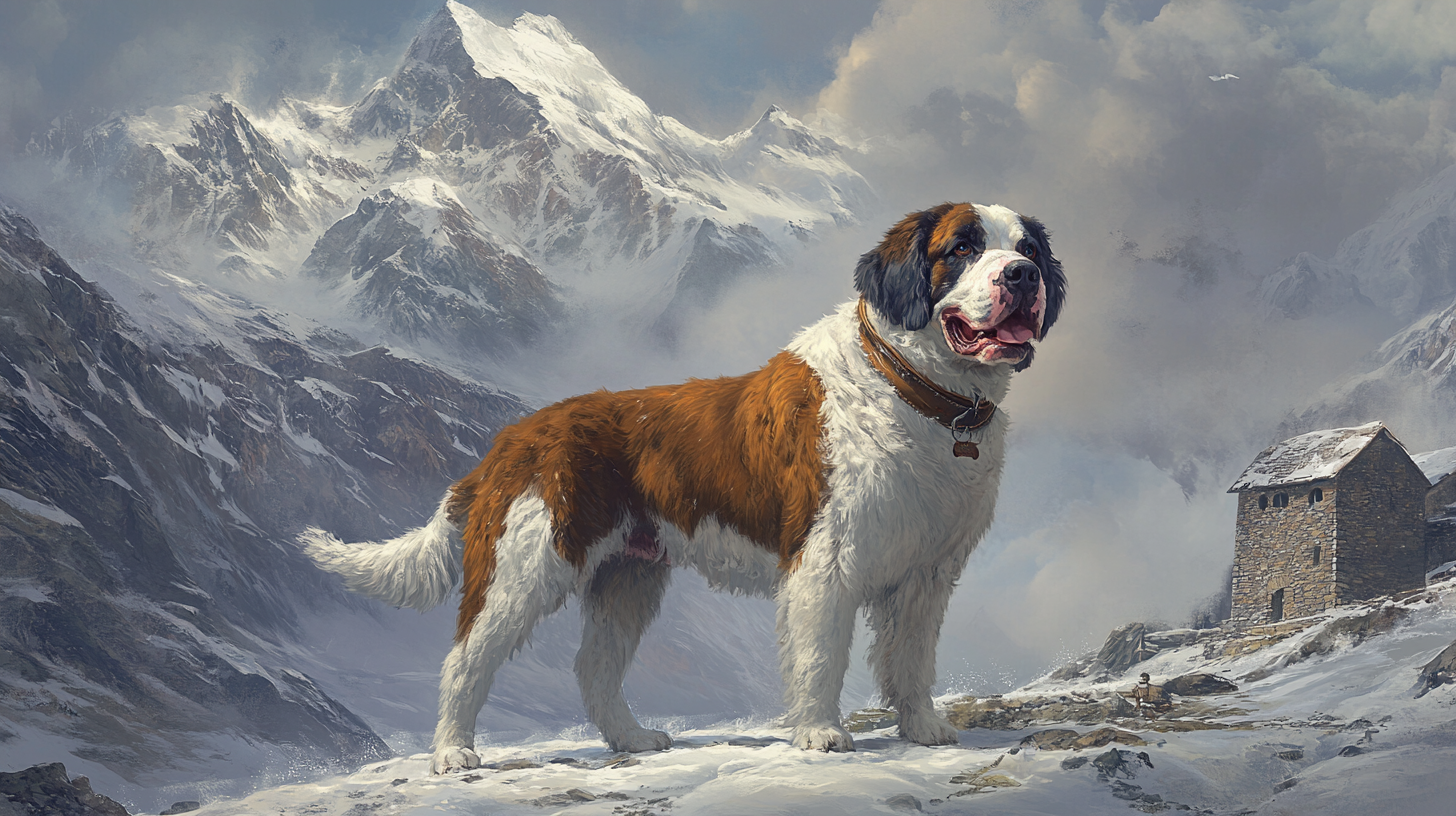 An AI image of a Saint Bernard standing in the Alps