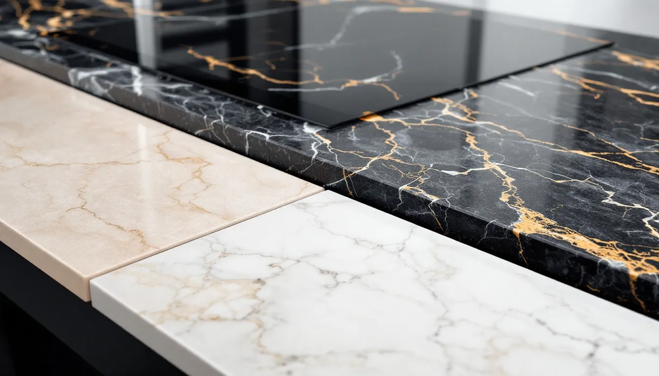 A close-up view of popular quartz worktop colours and patterns.