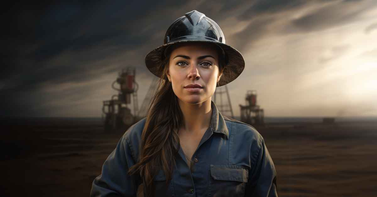 a young women in an oil and gas field with a hardhat on, inspecting her royalty holdings