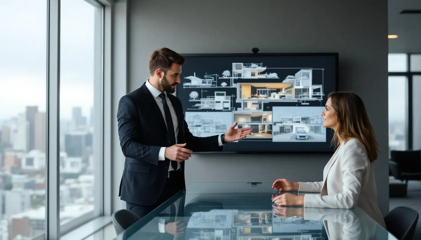 A professional architect stands confidently in a modern conference room, presenting design concepts to clients, showcasing their expertise and creativity in architecture. The setting reflects a collaborative environment, emphasizing the importance of communication and professional growth in the industry.