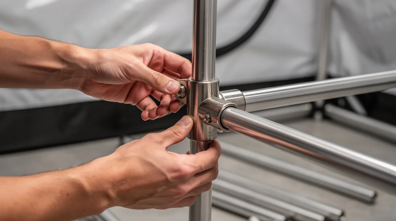 Auf dem Bild sind Hände zu sehen, die Metallstangen eines Rahmens für ein Growzelt zusammenbauen. Dieses Growbox Komplettset ist ideal für den Indoor-Anbau von Pflanzen und bietet optimale Wachstumsbedingungen.