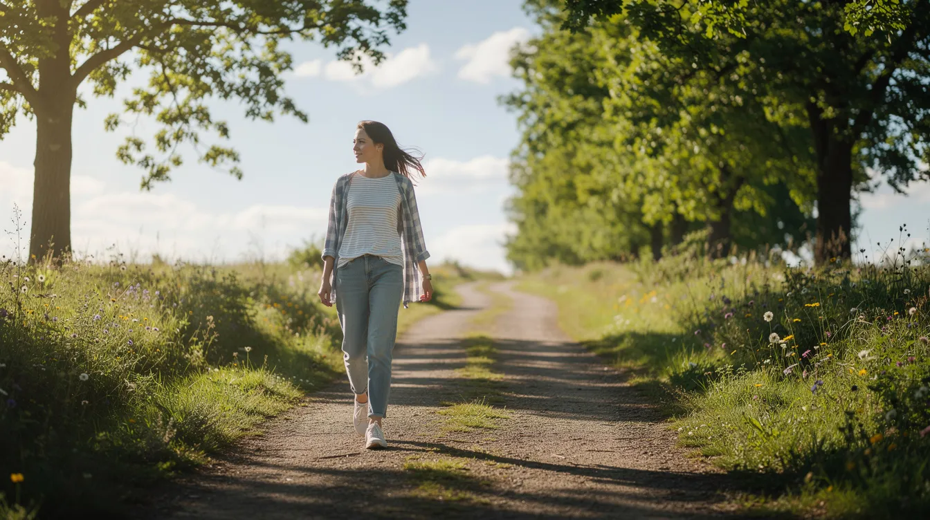 A person is taking a gentle walk outdoors on a sunny path, enjoying the fresh air as part of their recovery process after breast reduction surgery. This light exercise helps to promote healing and manage discomfort during the first week after surgery.