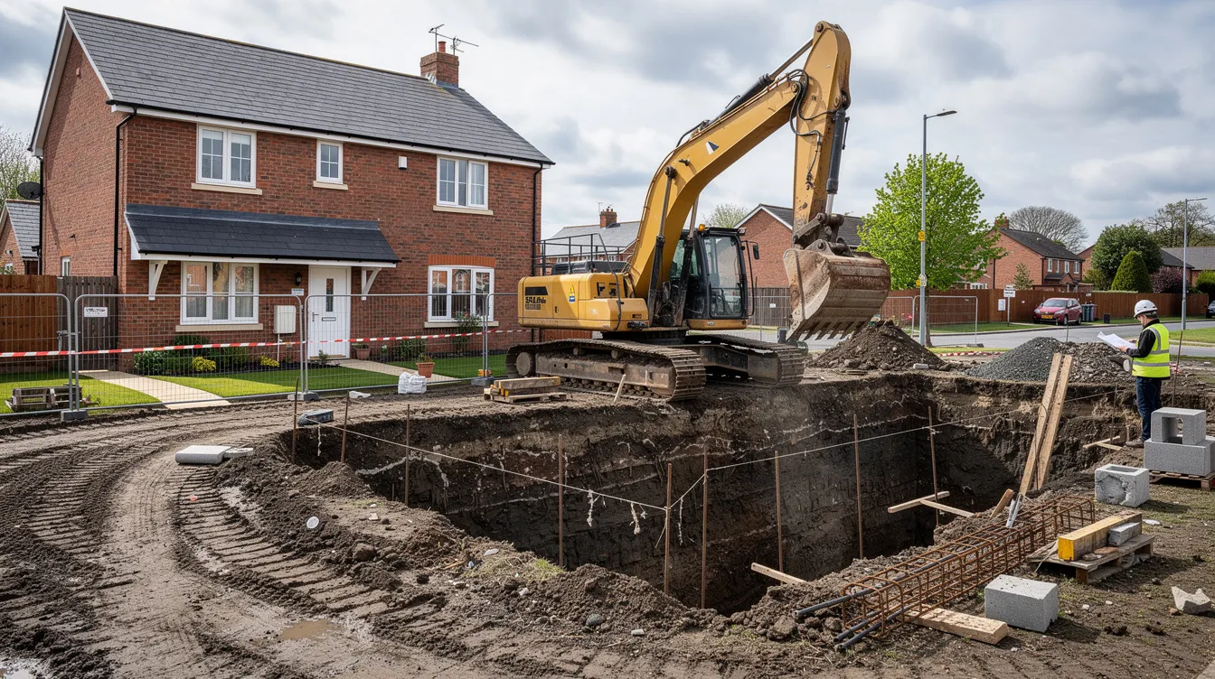 An excavation machine is digging deep foundations next to a residential brick house, which may involve considerations under the party wall act 1996, especially regarding the existing party wall and any necessary party wall notices to the adjoining owner. The scene highlights the importance of proper planning and communication in building work near neighbouring properties.