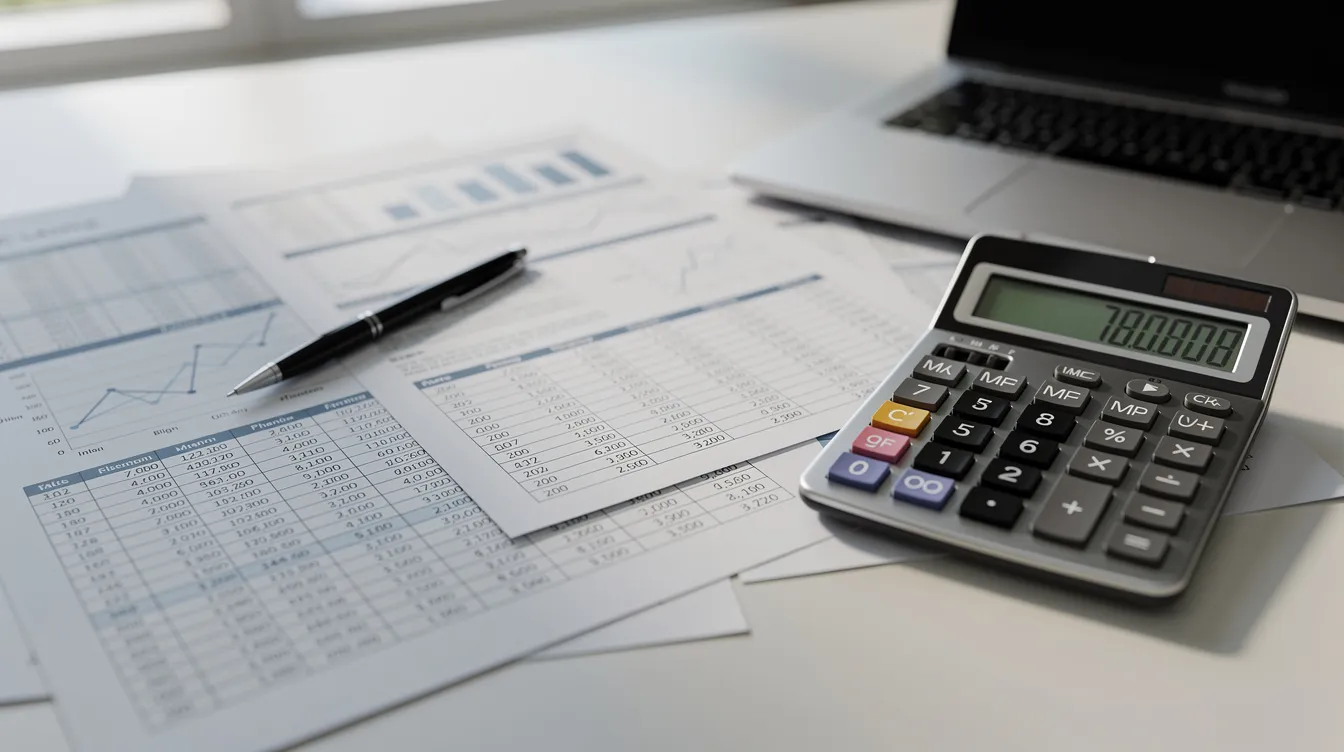 feb055f6 3432 422d 80d9 20c81a1cccf7 The image depicts a professional desk cluttered with financial spreadsheets and a calculator, emphasizing the analytical side of business planning, particularly relevant to the milk powder industry and its market trends. This setup reflects the meticulous financial analysis required in dairy entrepreneurship development schemes and the operational aspects of a milk powder manufacturing plant.