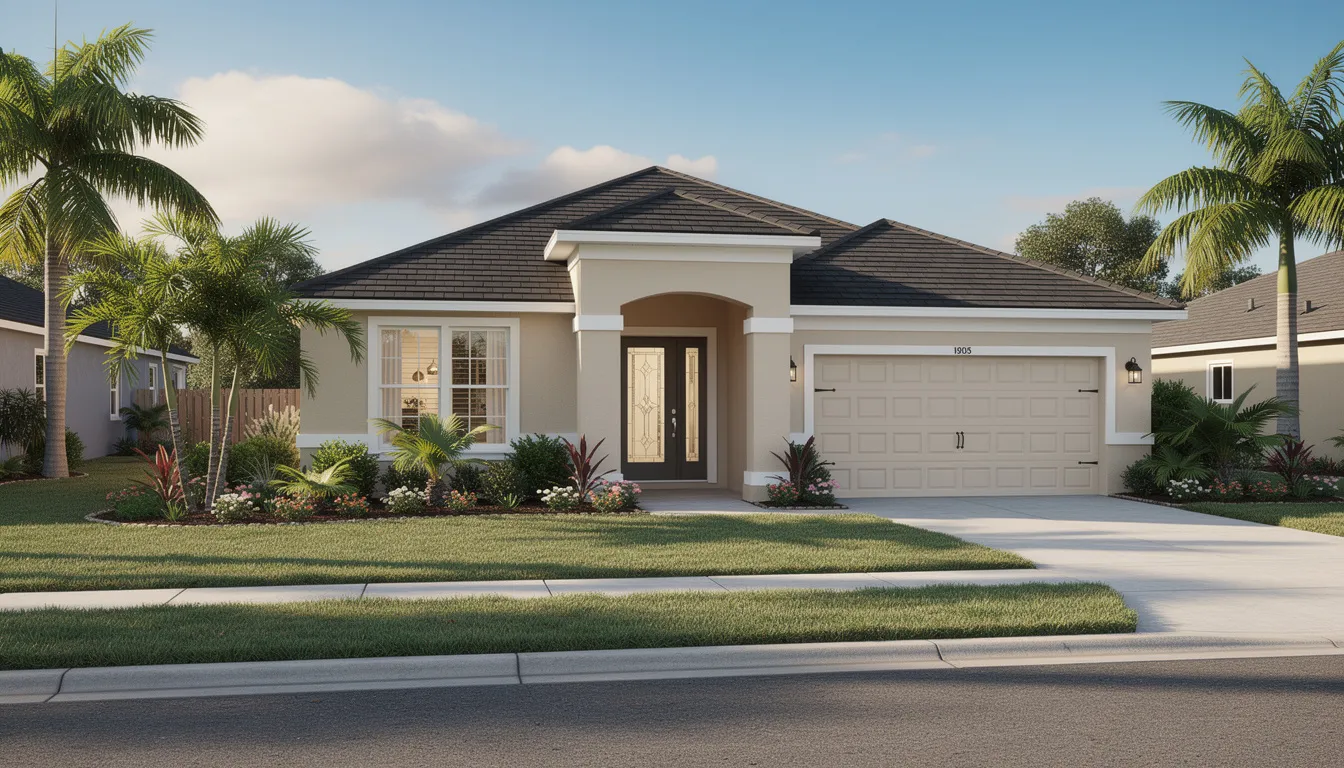 The image depicts a charming single-family home located in a desirable Lee County neighborhood, featuring well-maintained landscaping that enhances its curb appeal. This property reflects the characteristics of the Southwest Florida housing market, appealing to buyers seeking quality homes in the region.