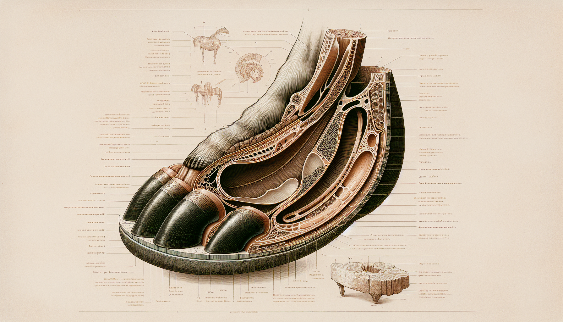 Diagram depicting the anatomy of a horse's hoof, including key components like the hoof wall and sole.