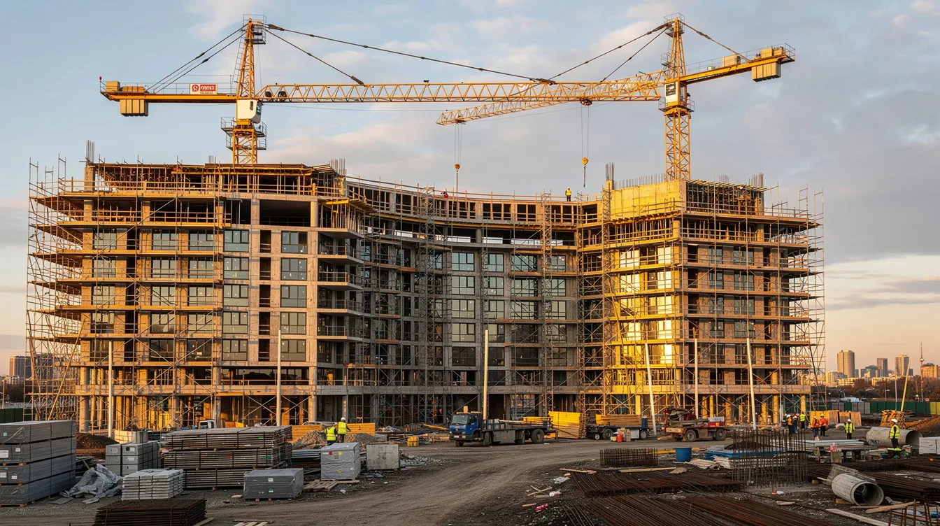 The image shows a large hotel building currently under construction, surrounded by cranes and scaffolding, indicating the development phase of a new hotel project. This scene reflects the complexities involved in a hotel feasibility study, including construction costs and regulatory compliance.
