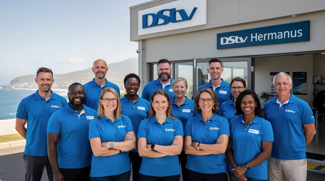 The image features a professional DStv installation team in Hermanus, showcasing expert technicians working on a satellite dish setup for crystal clear viewing. They are engaged in ensuring the best reception and addressing any signal issues for a stress-free DStv experience in their clients' homes.