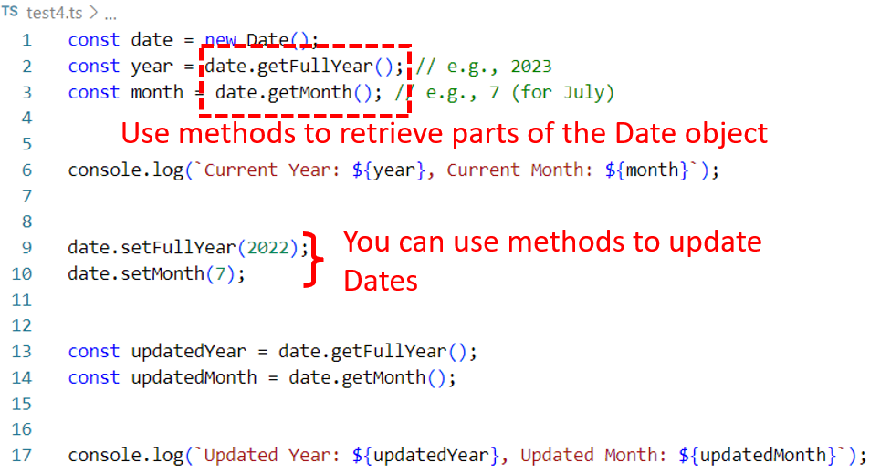 Typescript Date object methods can retrive and update Dates in Typescript