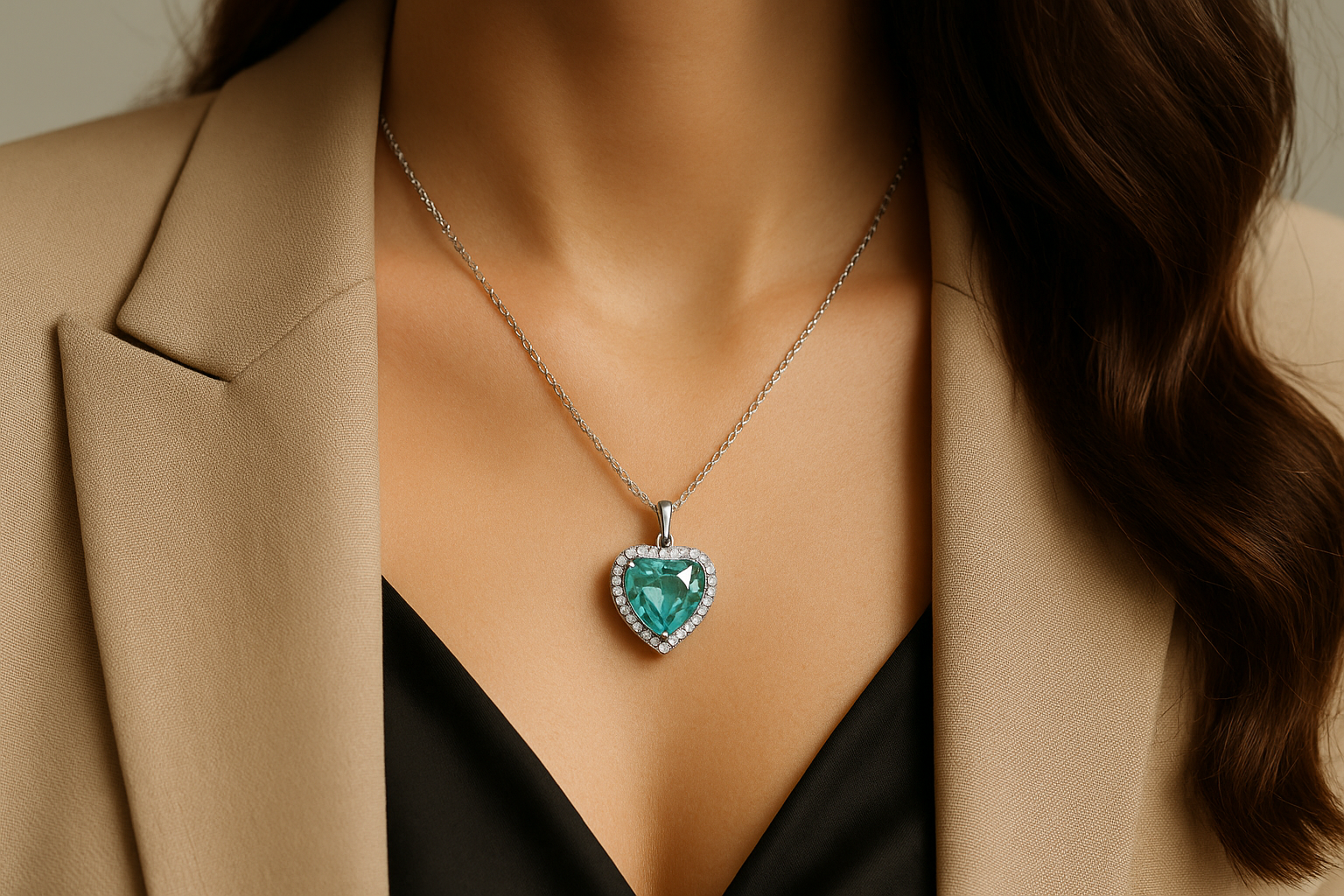 Pakabukas su akvamarinu Moters kaklą puošia balto aukso pakabukas su širdelės formos akvamarinu ir deimantais