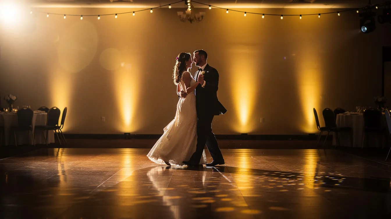A couple is slow-dancing in the center of a warmly lit dance floor, surrounded by soft golden uplighting, creating a romantic atmosphere reminiscent of classic wedding songs. The moment captures the essence of their wedding night, as they share a final dance together, making it a memorable celebration for them and their guests.