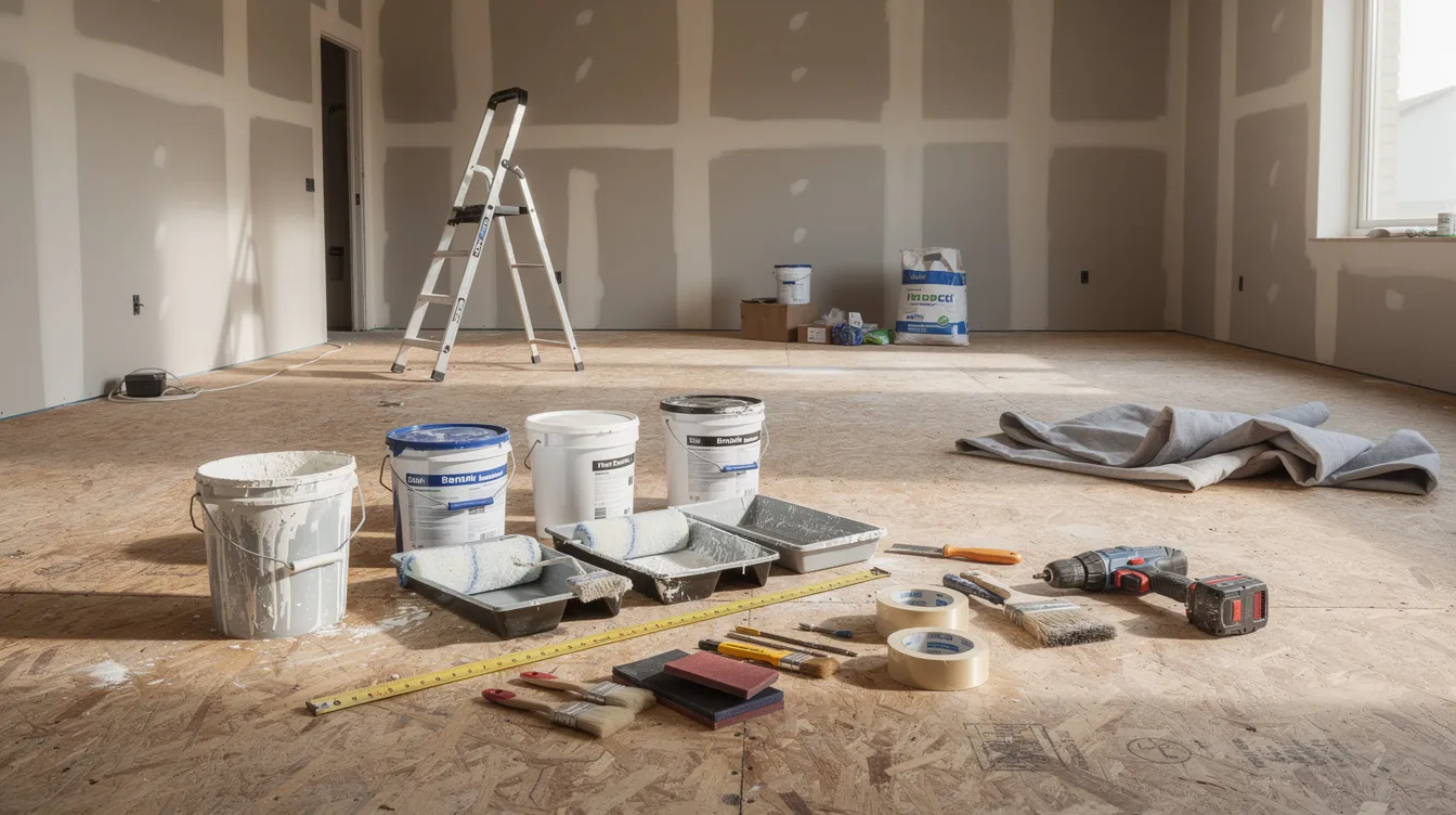 The image depicts various construction renovation materials, including paint buckets and tools, organized neatly on a plywood floor within an empty room, suggesting preparations for a rental property investment. This scene reflects the initial stages of real estate investing, where real estate professionals may focus on enhancing property values to increase potential rental income.