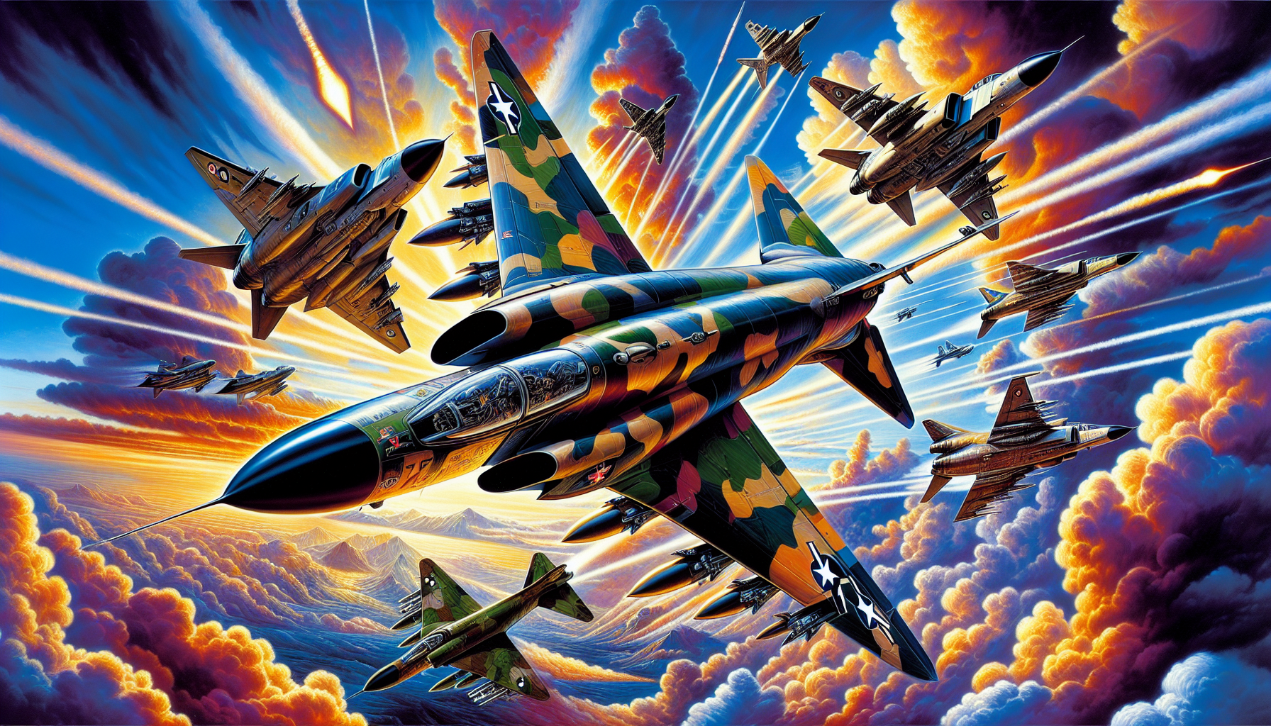 An artistic representation of various variants of the F-4 Phantom II aircraft.