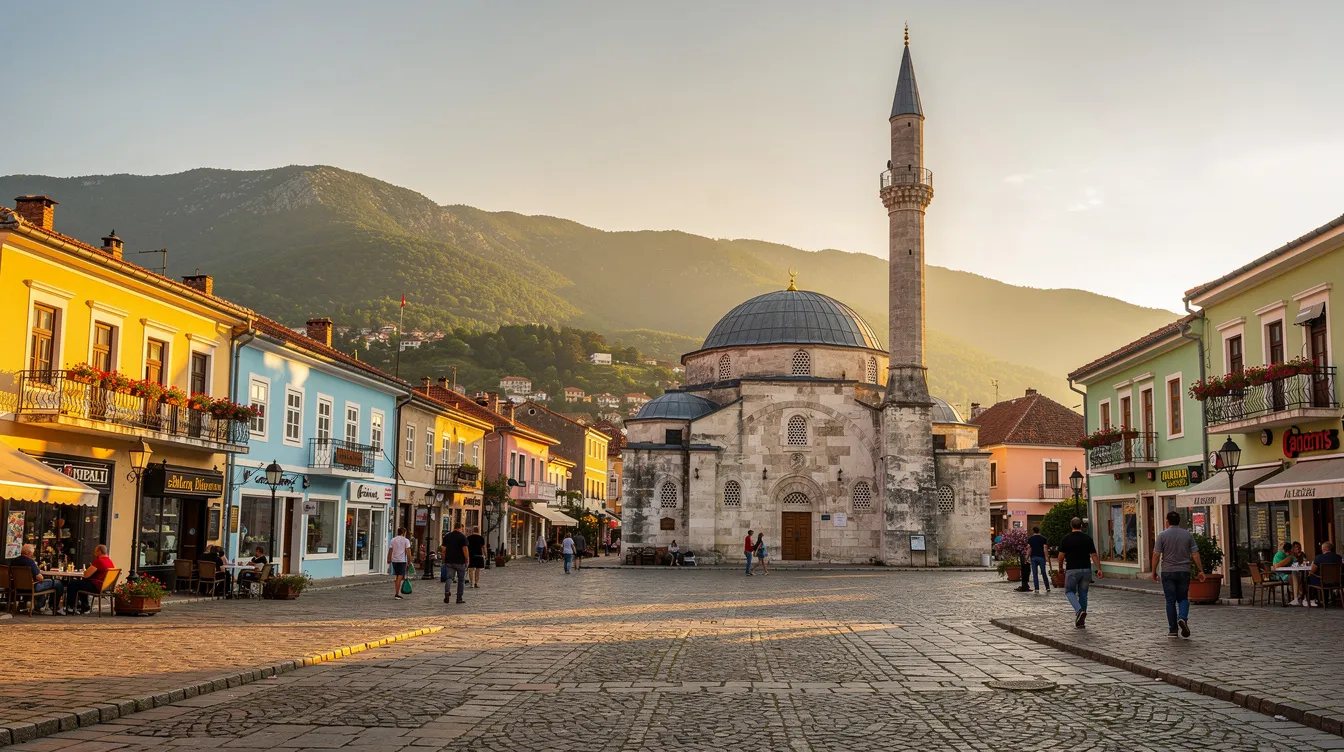 A imagem mostra uma praça central de uma cidade balcânica, destacando uma mesquita histórica cercada por edifícios coloridos que refletem a rica cultura da região. Este cenário vibrante é característico das cidades da Croácia e de outras partes dos Bálcãs.