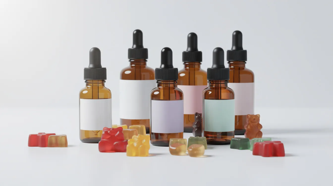 The image features an assortment of glass tincture bottles and gummy supplements, all neatly arranged on a clean white surface, showcasing various CBD products that are derived from the cannabis plant. These items highlight the growing popularity of CBD oil as a potential treatment for chronic conditions and the health benefits associated with its use.