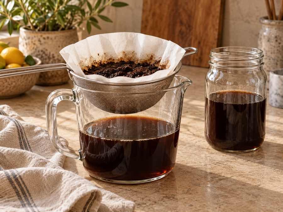 Cold brew draining through a paper-lined strainer into a glass jug.