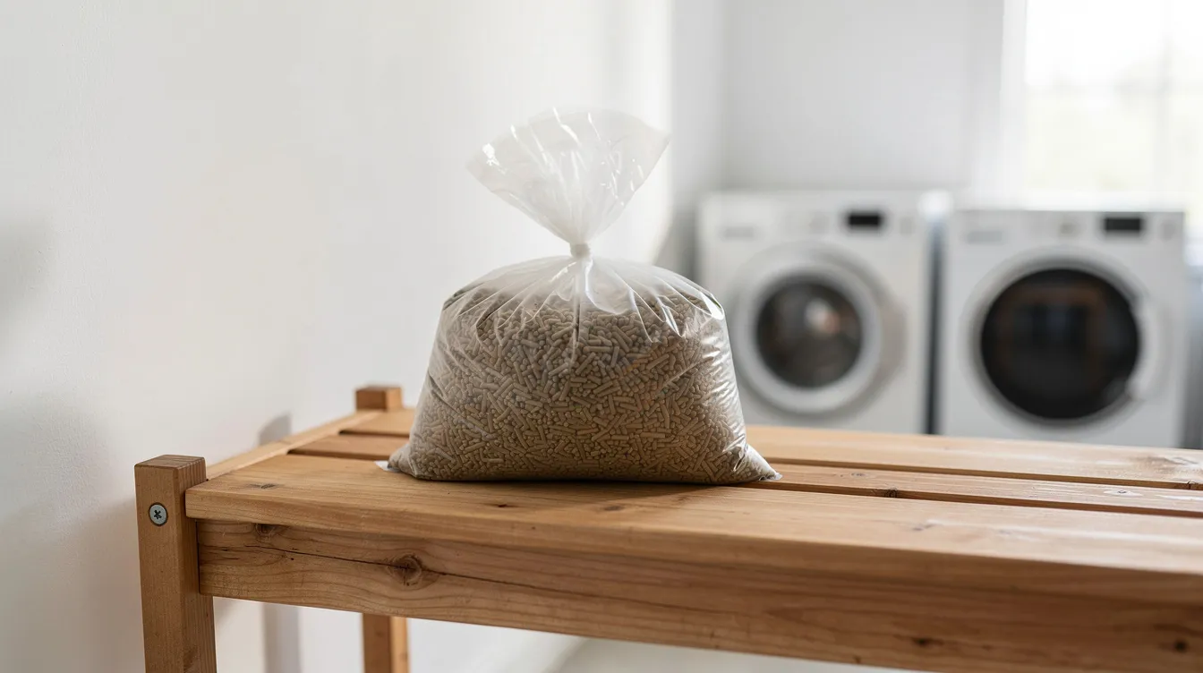A sealed bag of cat litter is stored on a shelf, positioned away from heat sources and appliances to minimize fire hazards. This safe storage practice helps prevent any risk of the highly flammable materials inside igniting due to exposure to open flames or high temperatures.