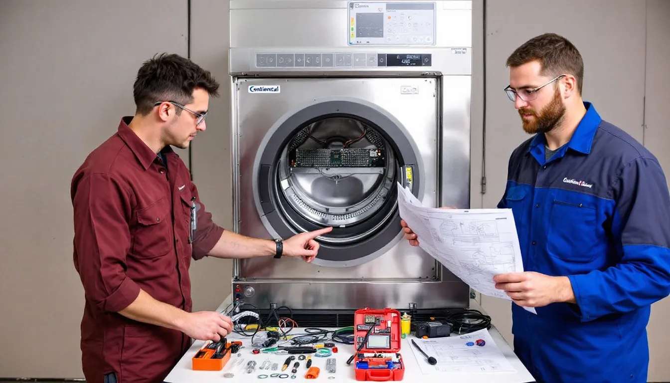 Technicians troubleshooting common problems with Continental Girbau commercial dryers.