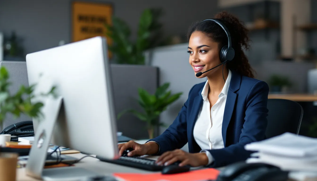 A customer service representative is seated at a desk, wearing a headset and engaged with a computer, ready to assist customers with their inquiries about Verizon services. The representative is focused on providing helpful support, potentially regarding account issues, payment details, or technical support.
