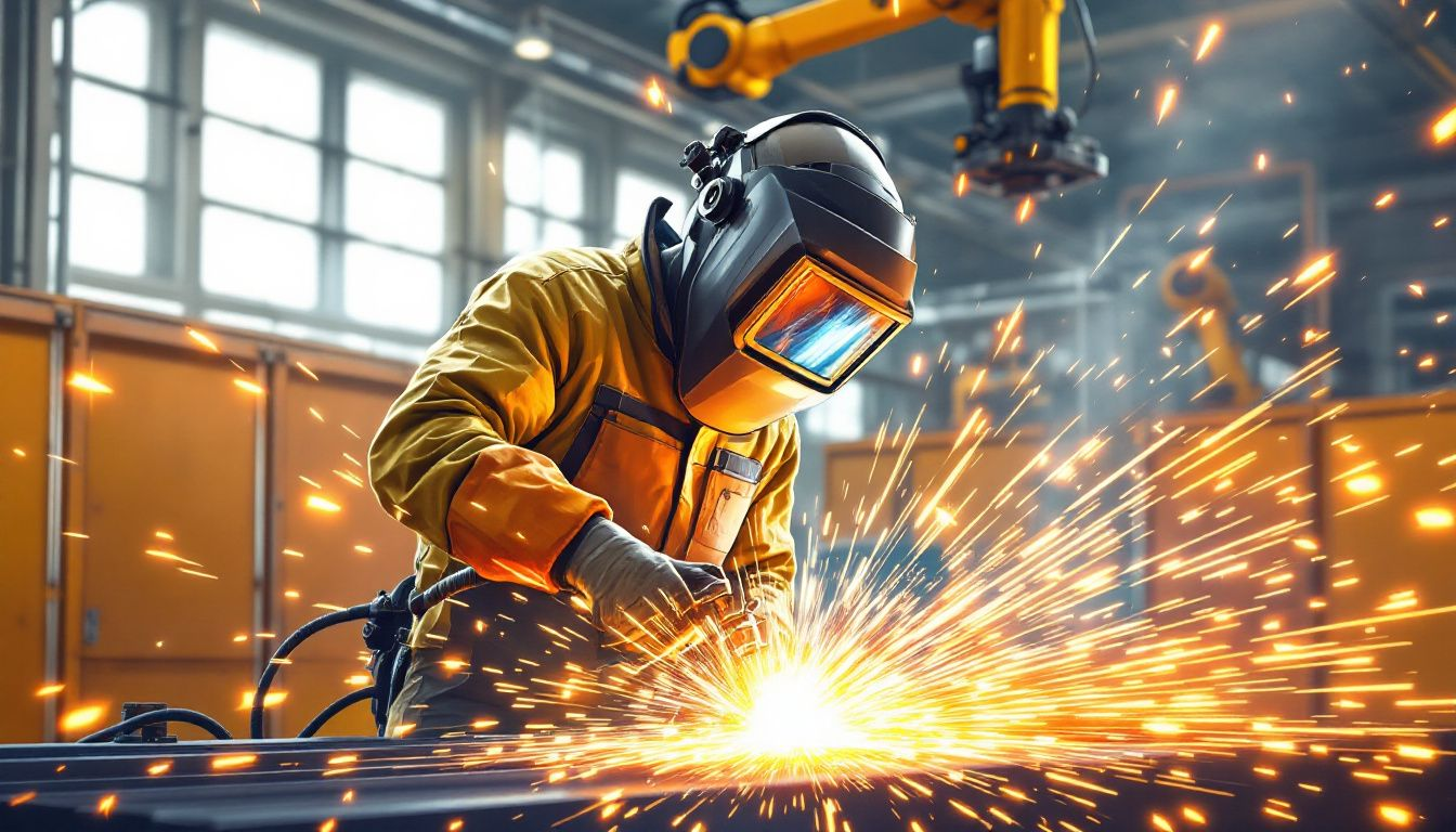 Safety considerations in MIG welding, highlighting protective gear.