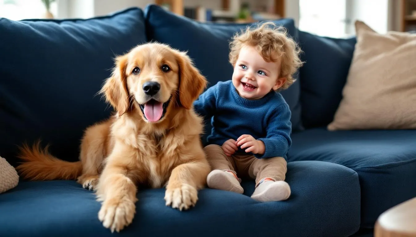 A happy toy goldendoodle sits next to a small child on a cozy couch, showcasing its affectionate nature and friendly disposition. The scene captures the joyful companionship between the child and the playful pup, making it an ideal moment for families considering a new puppy.