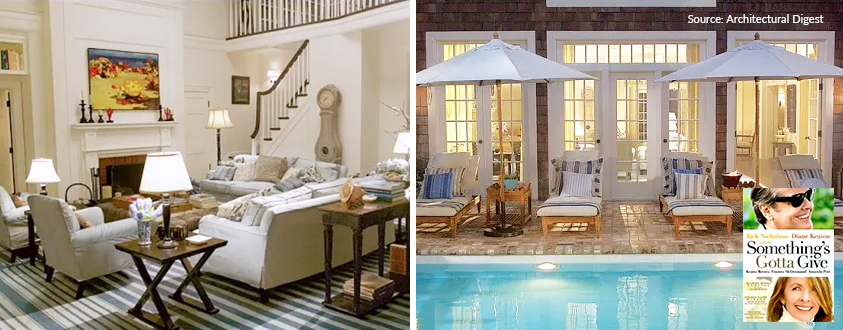 On the left is an image of a living room with white walls and couches contrasted by a blue and white striped rug. Accents of dark wood side tables feature, as well as multiple lamps and soft furnishings. On the right is an outdoor setting with a pool. Two white umbrellas cover four lounge chairs with blue and white striped cushions. Both images are set designs from Nancy Meyer's 2003 film Something's Gotta Give.