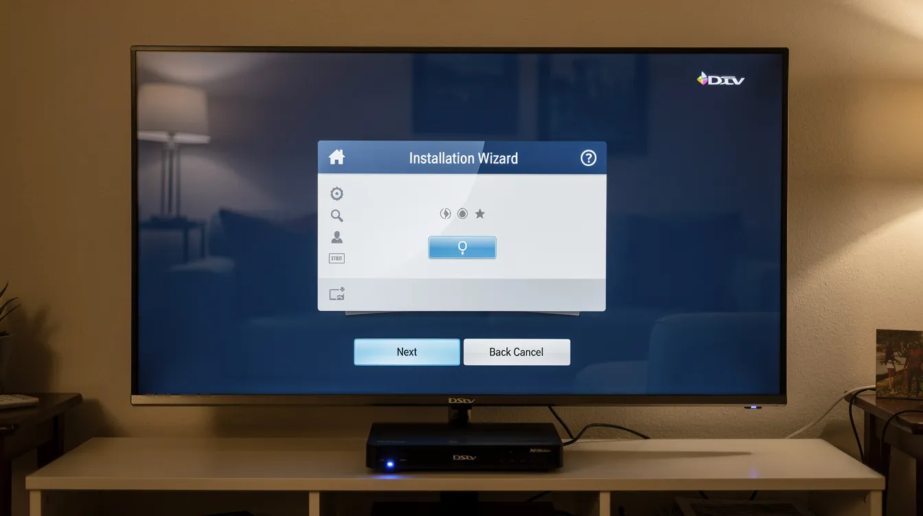 The image shows a DStv decoder displaying the installation wizard setup screen on a television, guiding users through the decoder settings and setup process. The screen may indicate signal strength and error messages related to incorrect settings, helping users troubleshoot their DStv installation.