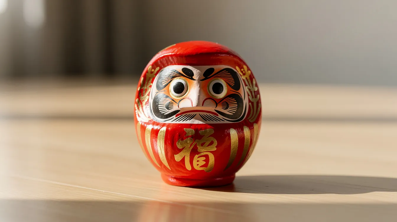 A bright red daruma doll, a symbol of perseverance and good luck in Japanese culture, is sitting on a clean wooden surface illuminated by soft natural light. The traditional daruma, known for its rounded shape and blank eyes, represents the spirit of overcoming adversity and is often used as a lucky charm to motivate individuals in their pursuits.