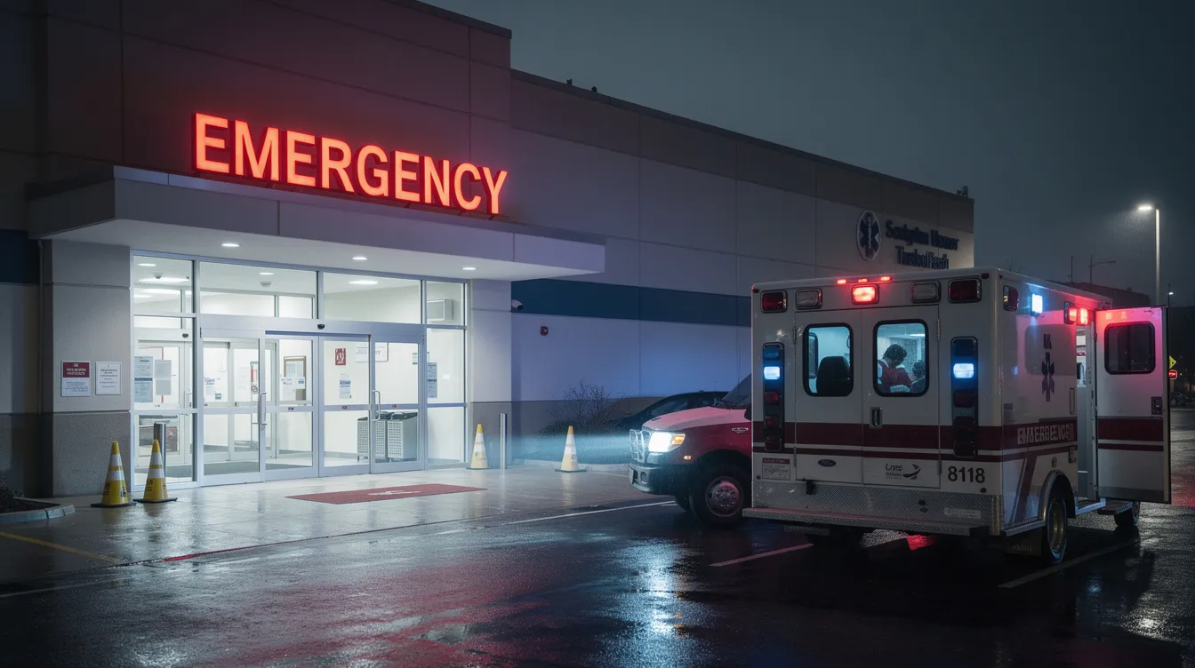 The image depicts the entrance of a hospital emergency room, with an ambulance parked nearby, ready to assist in cases of bodily injury from accidents. This scene highlights the importance of liability insurance coverage, which can help cover medical expenses and other costs associated with auto accidents.
