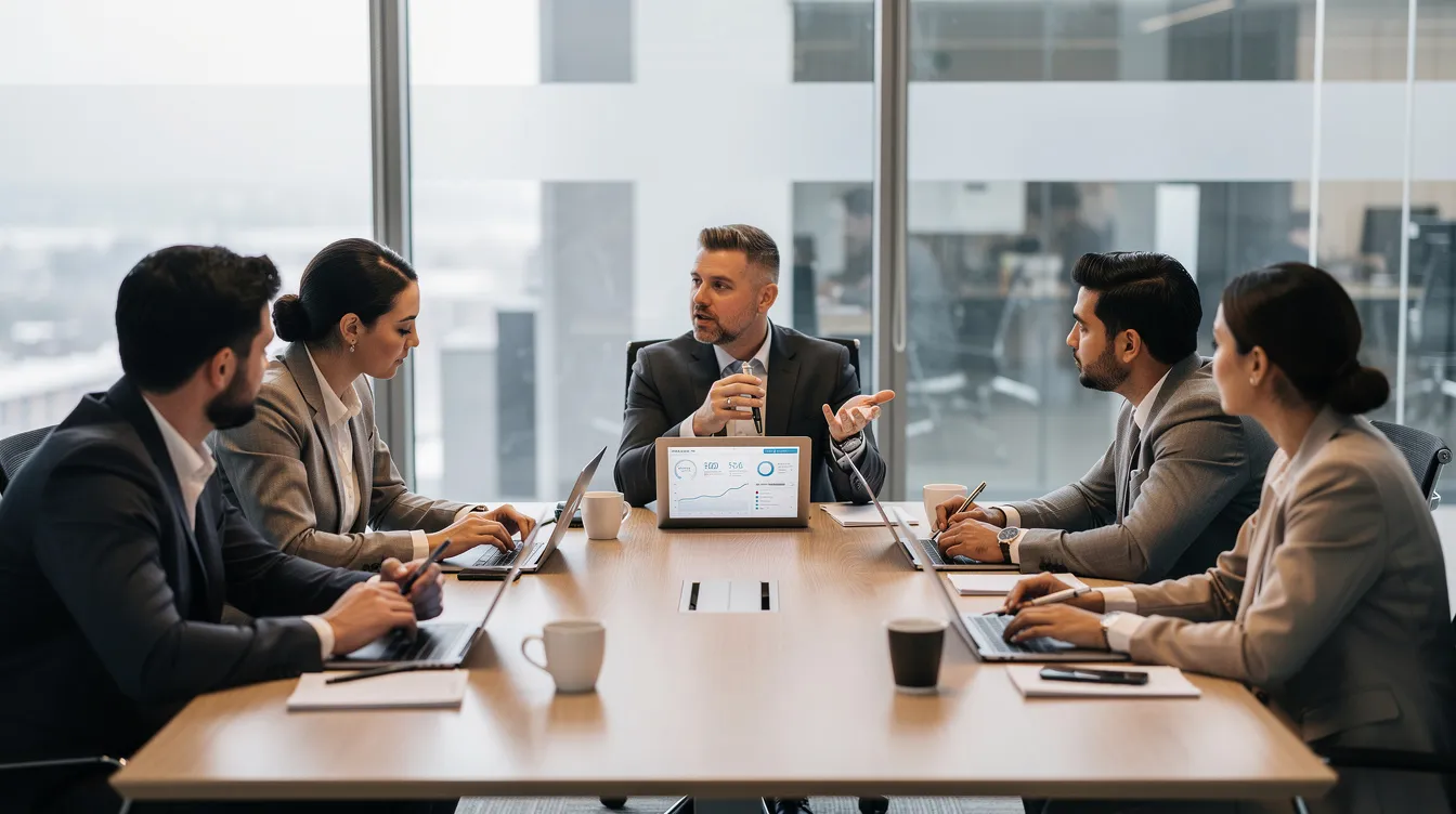 Une équipe commerciale est réunie autour d'une table, avec des ordinateurs portables ouverts, discutant des techniques de vente et des compétences nécessaires pour améliorer leur performance. Cette réunion vise à développer les compétences commerciales des membres de l'équipe afin de mieux répondre aux besoins des clients et d'atteindre les objectifs de l'entreprise.