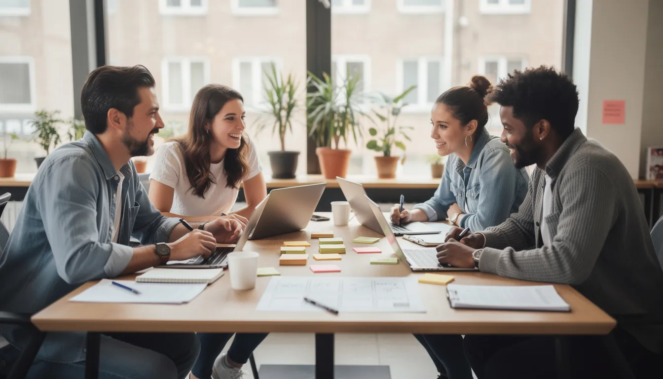 A small nonprofit team collaborates around a table, engaged in discussion with laptops and notebooks, focusing on strategies for their planned giving program. They are likely reviewing types of planned gifts and exploring ways to enhance donor loyalty and legacy giving initiatives.