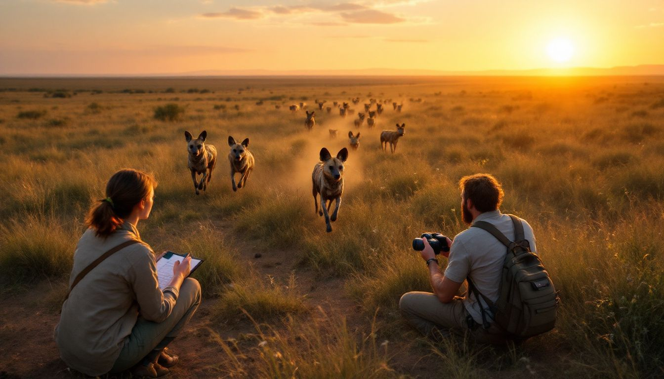 A conservation group working in the field to protect endangered species like the african wild dog.