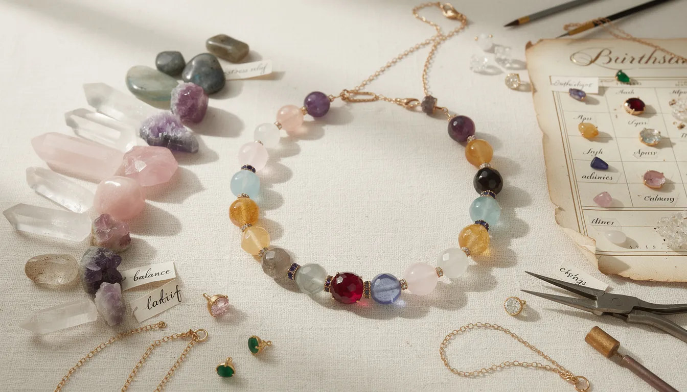 The image features a stunning collection of jewellery made from a blend of semi precious gemstone beads and precious stones, including ruby, sapphire, and emerald. This vibrant assortment showcases various shapes and textures, appealing to diverse tastes and highlighting the beauty and quality of the gemstones used in jewellery making.