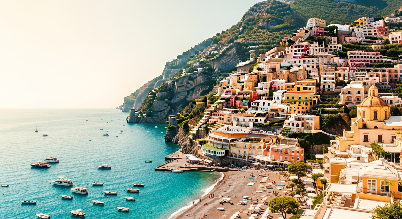 Panoramic summer view of Positano on the Amalfi Coast with colorful cliffside houses above the Mediterranean Sea.