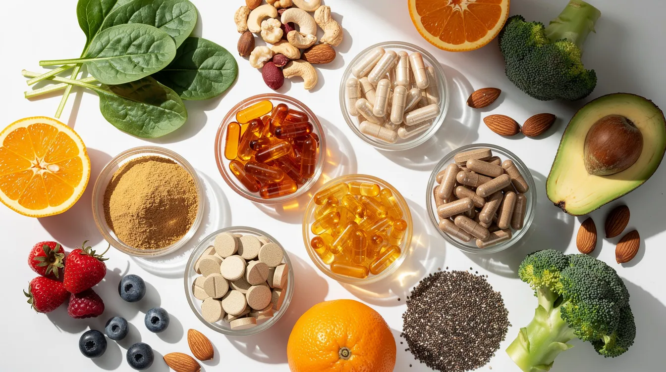 The image displays an assortment of colorful supplement capsules alongside fresh healthy foods, symbolizing a holistic approach to improving reproductive health and egg quality. This arrangement highlights the importance of nutrition and supplementation in supporting fertility journeys and overall cellular health.